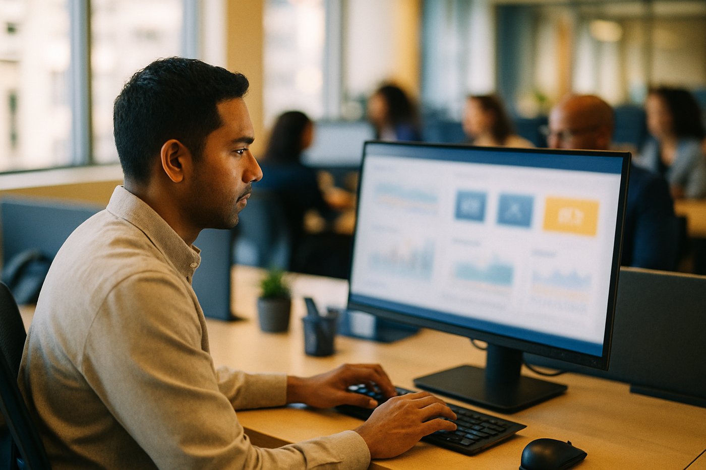 An operations analyst reviewing a dashboard at a bright modern workstation