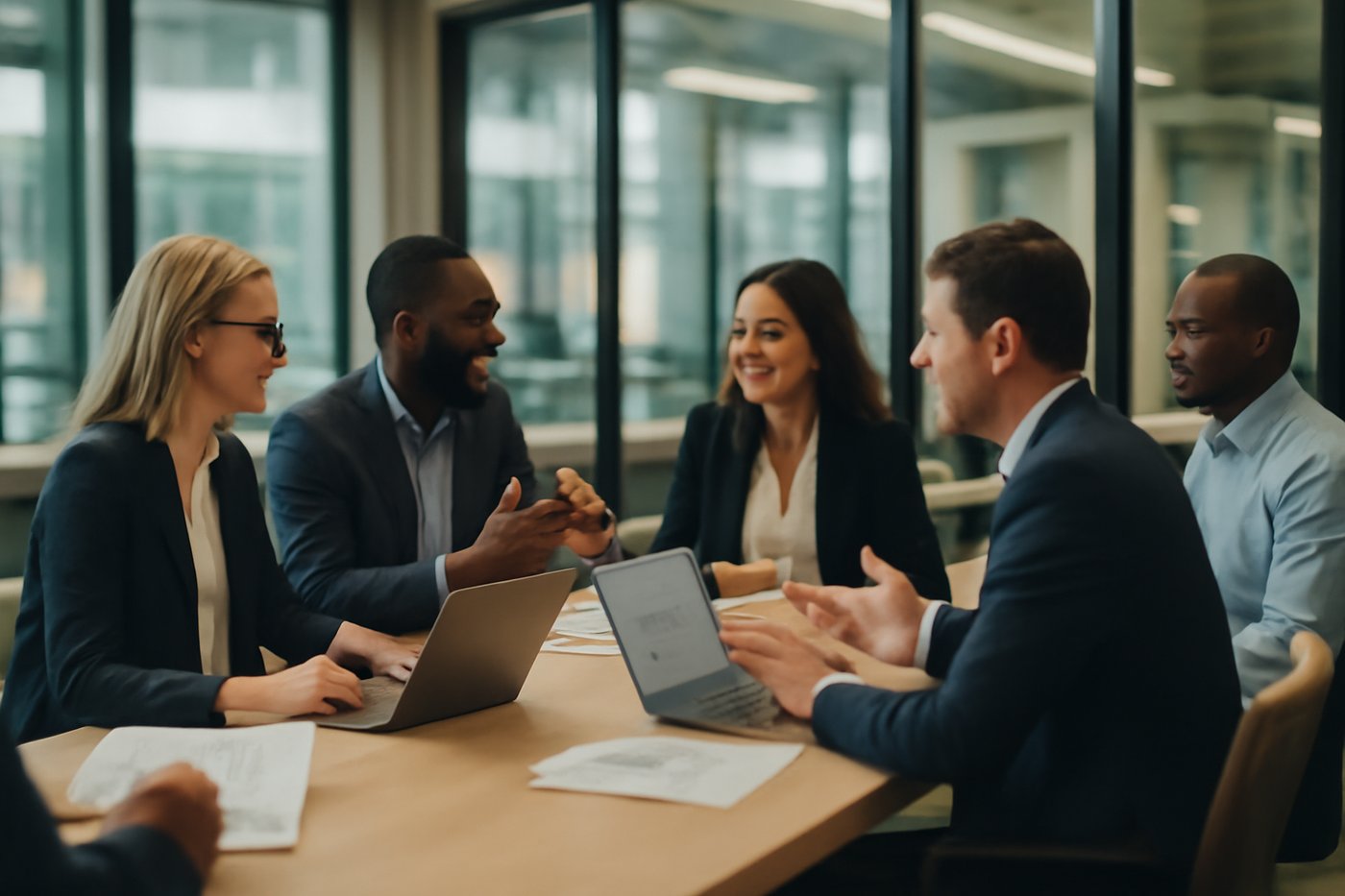 Two teams in a collaborative partnership discussion across a conference table