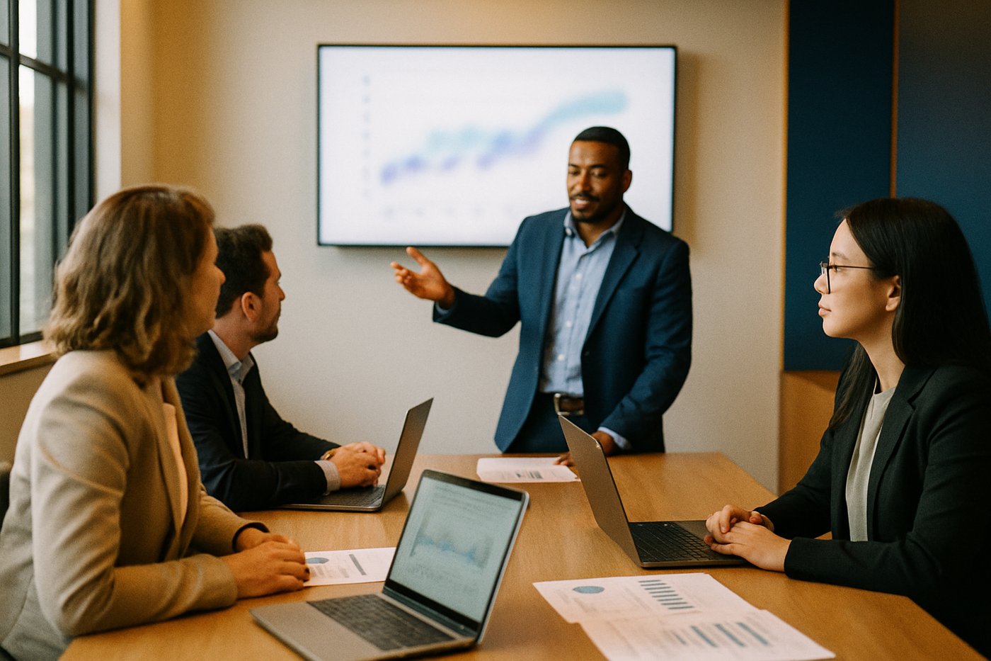 A leadership team in a governance review meeting around a conference table