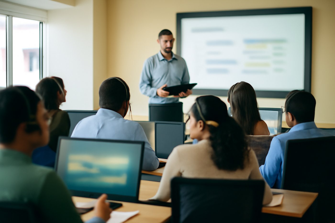 A trainer onboarding a group of new agents in a bright training room