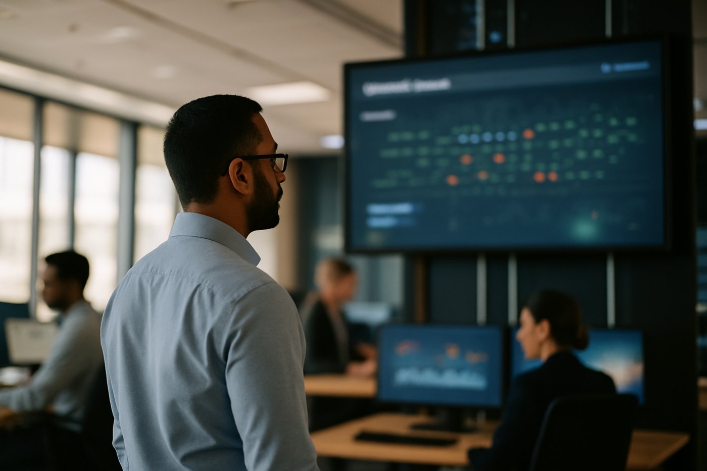 An IT professional reviewing a security operations display in a modern operations room