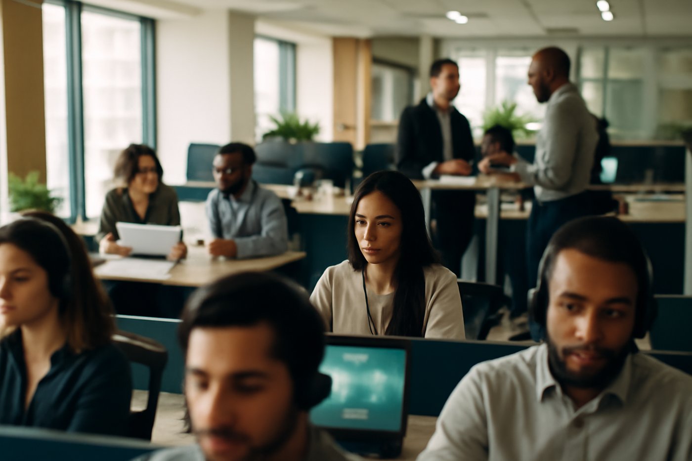 Distinct voice, back-office and technical teams working across one bright operations floor