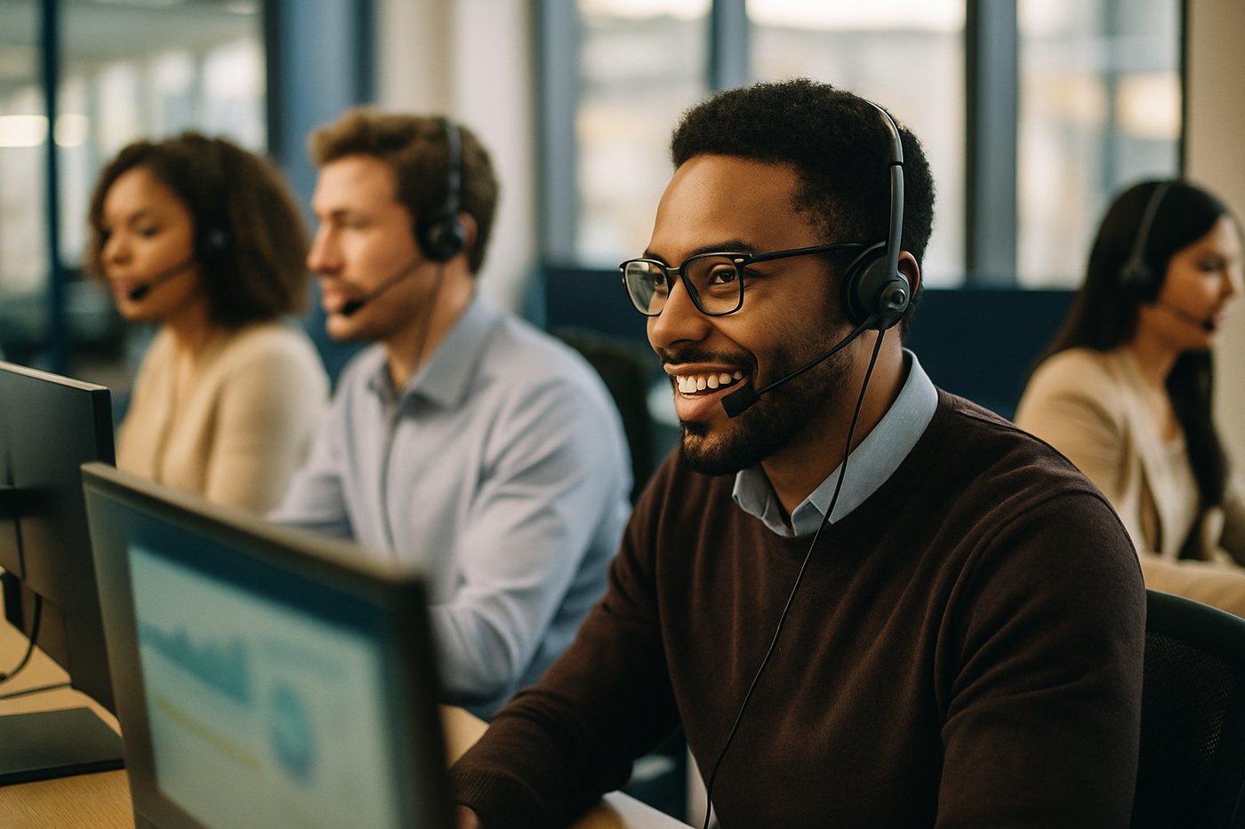 A diverse team of customer experience agents at workstations wearing headsets