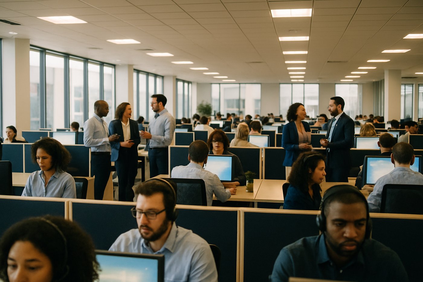 Wide shot of a bright modern BPO operations floor with agents and team huddles